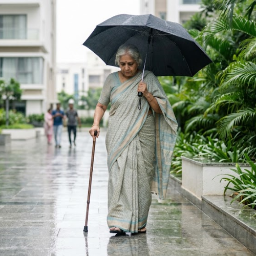 Elderly person carefully walking on a wet floor during monsoon season, highlighting fall risk and balance challenges for senior citizens.